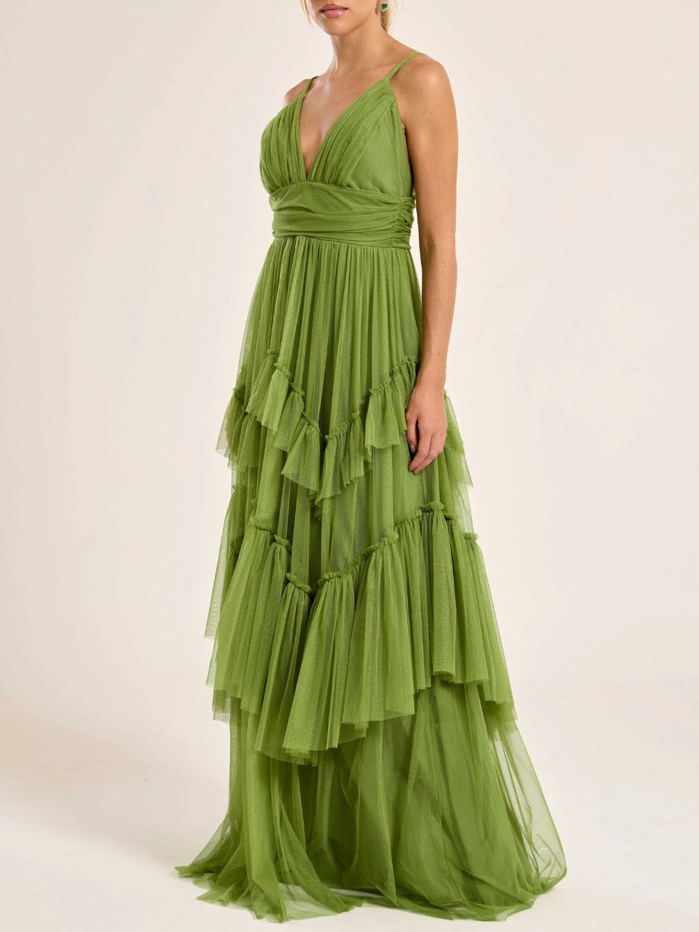 Elegant Deep V-Neck Tiered Tulle Maxi Dress Green
