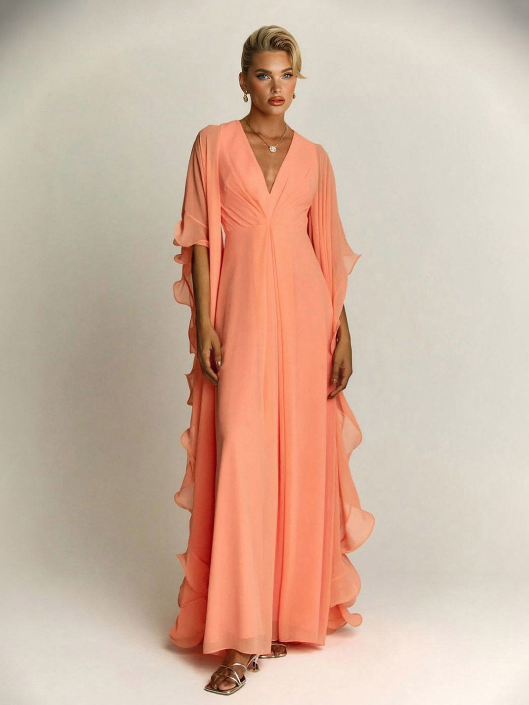 Elegant Draped Head Sleeve Chiffon Maxi Dress Orange