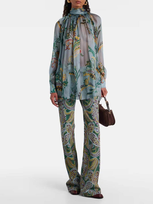 Delicate Floral Print Pleated Tie-Front Chiffon Blouse