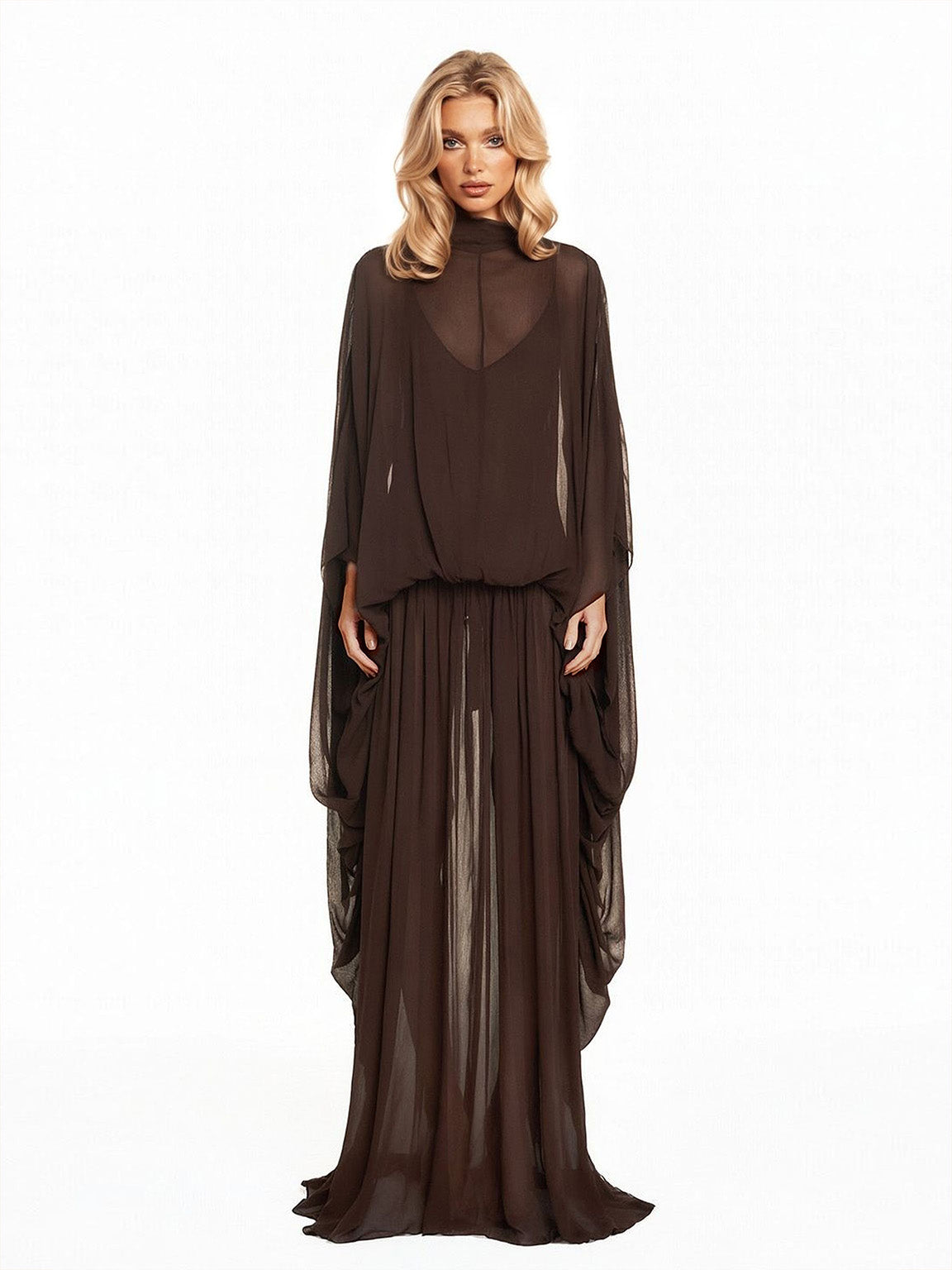 Exquisite Draped Sleeve Flowing Chiffon Maxi Dress Brown