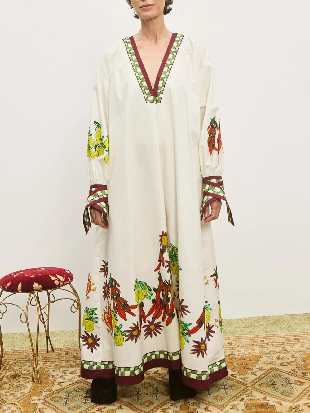 Unique Floral Print V-Neck Cuff Buttons Loose Maxi Dress Beige
