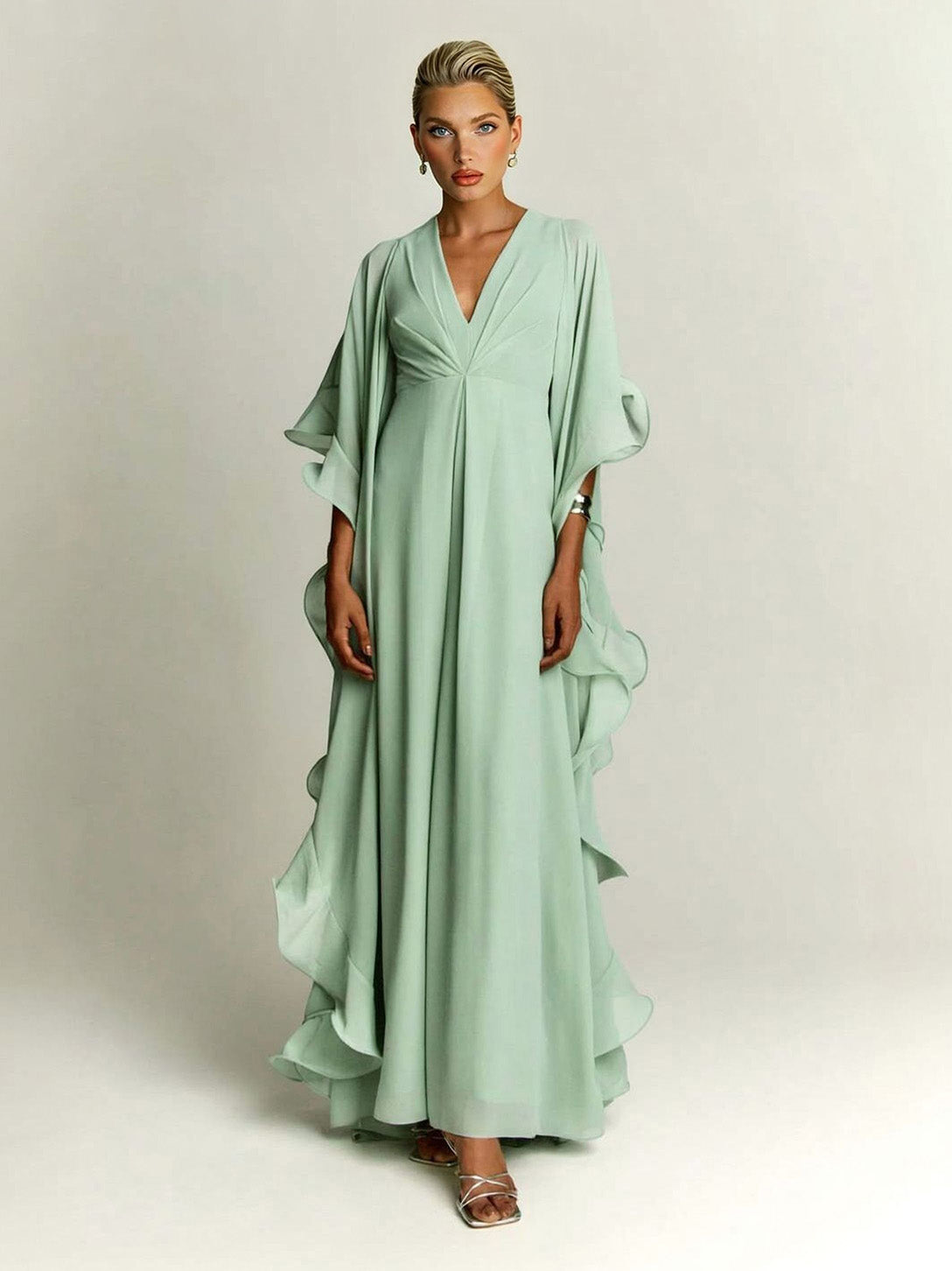 Elegant Draped Head Sleeve Chiffon Maxi Dress Light Green