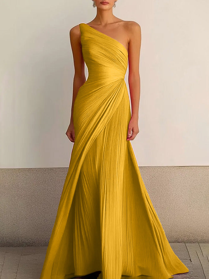 Elegant One-Shoulder Pleated Maxi Dress Yellow