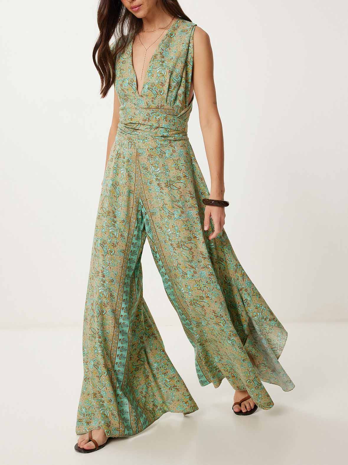 Retro Paisley Ethnic Print Jumpsuit Green