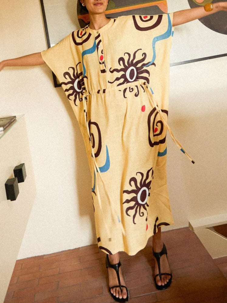 Unique Art Sun Floral Print Waist Tie Maxi Dress Yellow