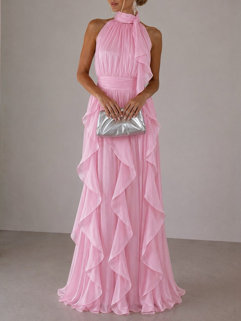 Elegant Backless Ruched Tiered Ruffle Maxi Dress Pink