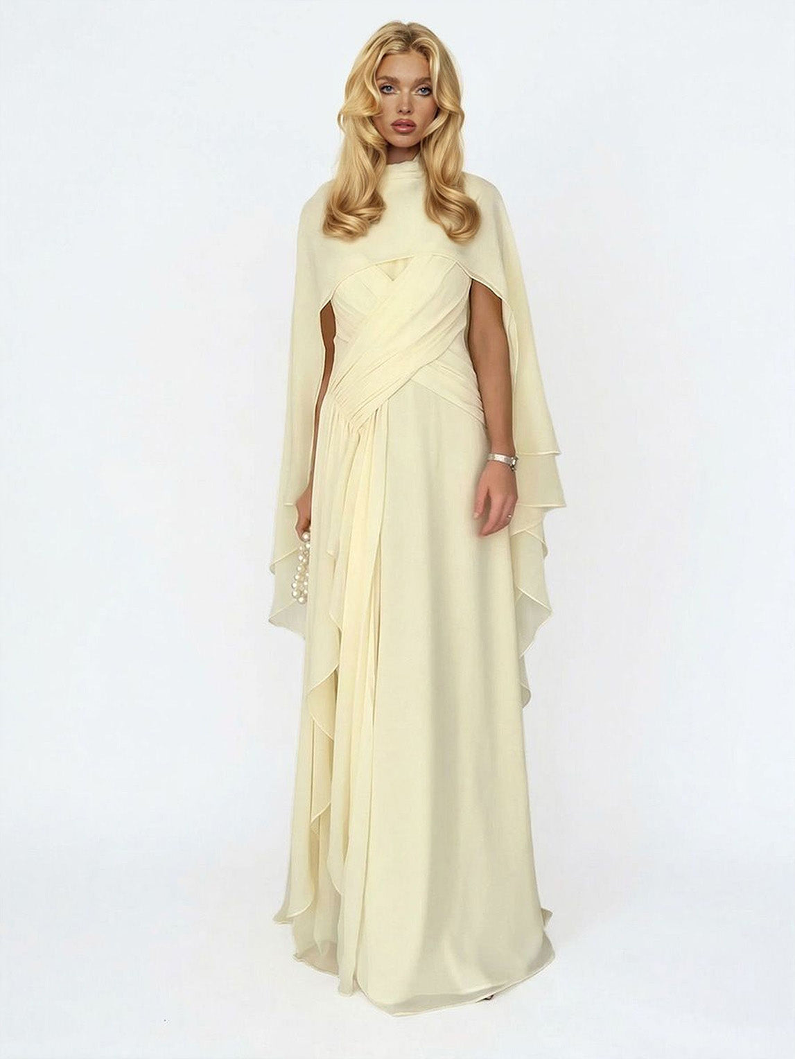 Elegant Cape Style Ruched Ruffle Maxi Dress Yellow