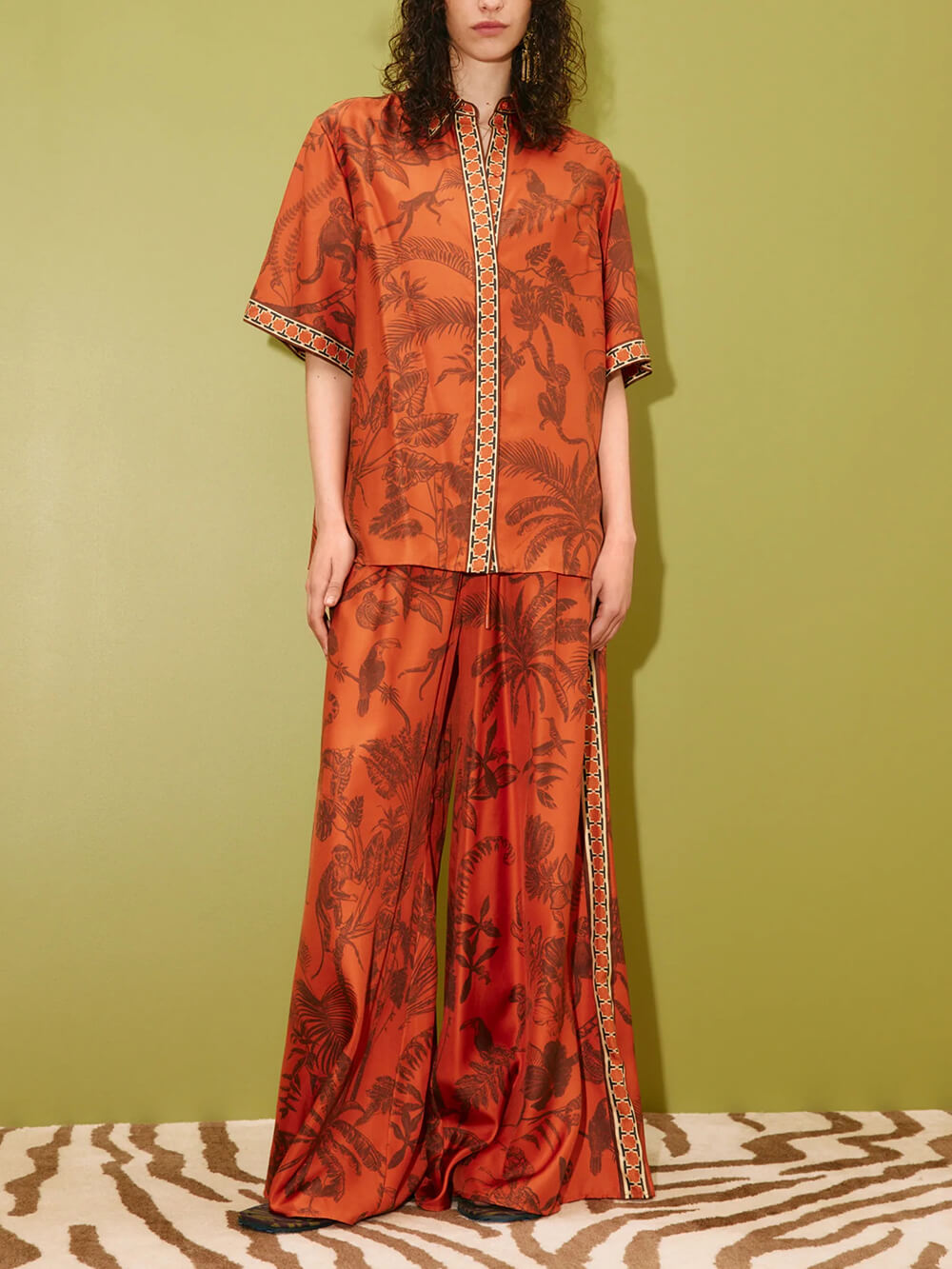 Unique Animal Print Satin Back-Slit Tie-Waist Loose Shirt