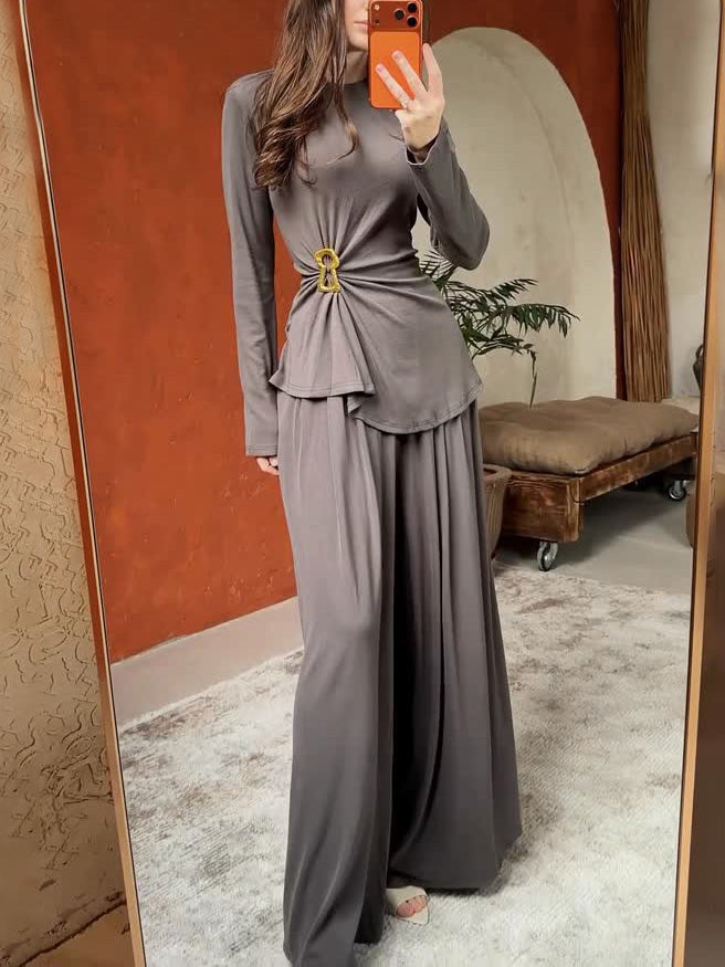 Elegant Long-Sleeved Top & Wide-Leg Pants Two-Piece Set Brown