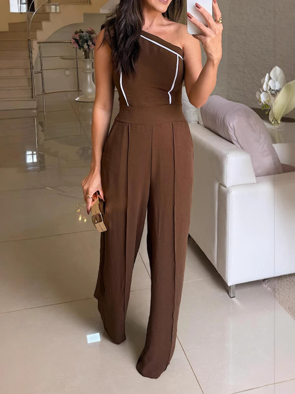 Elegant Off-Shoulder Tie-Up Slim Fit Straight Jumpsuit Dark Brown