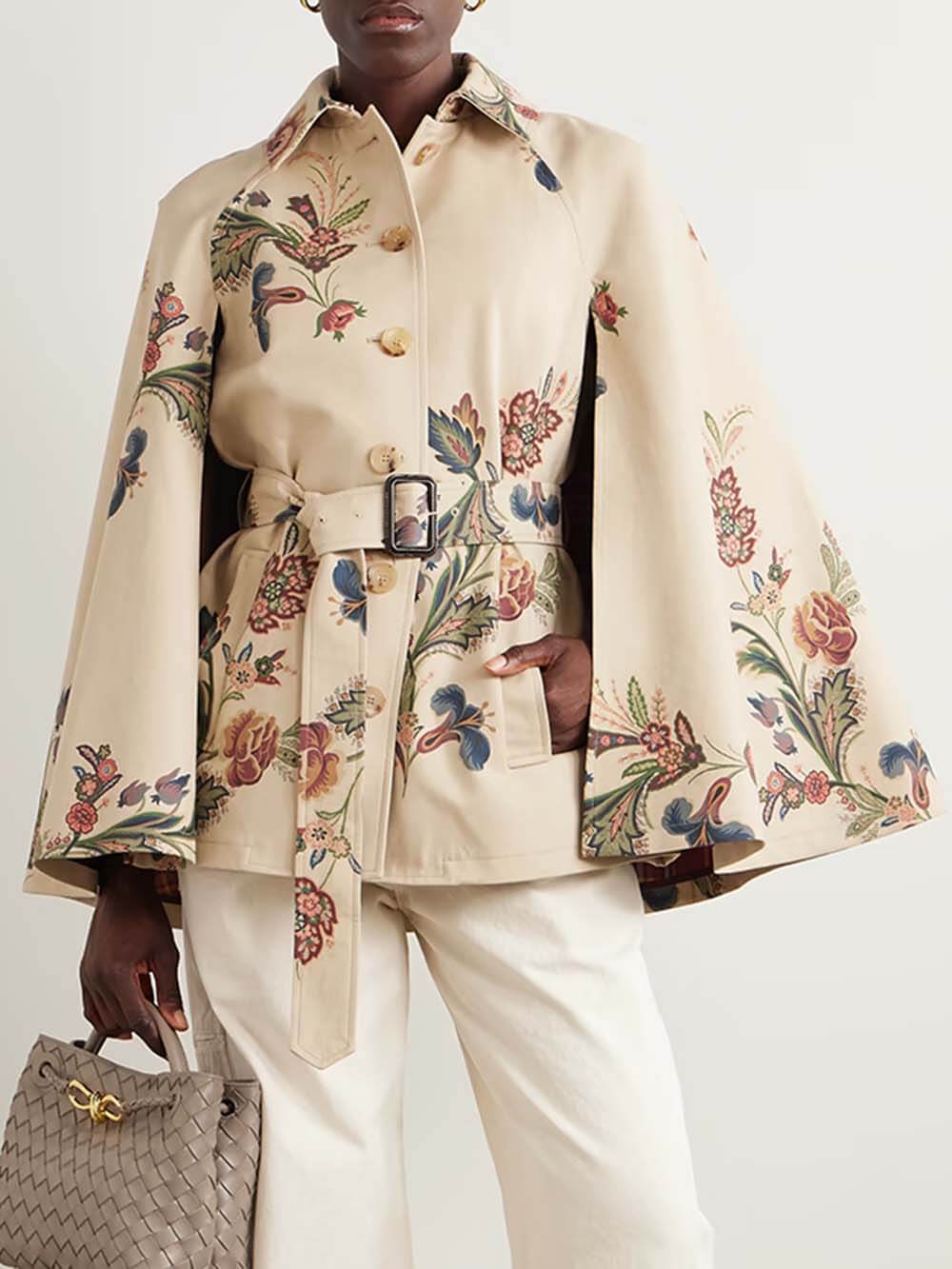 Retro Cape-Effect Belted Print Twill Jacket Beige