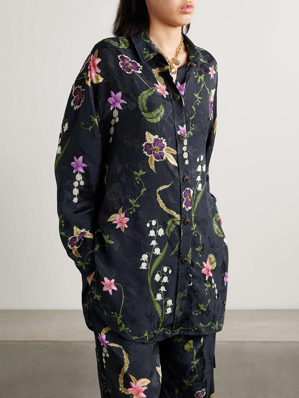 Elegant Floral Print Button-Up Shirt Blue