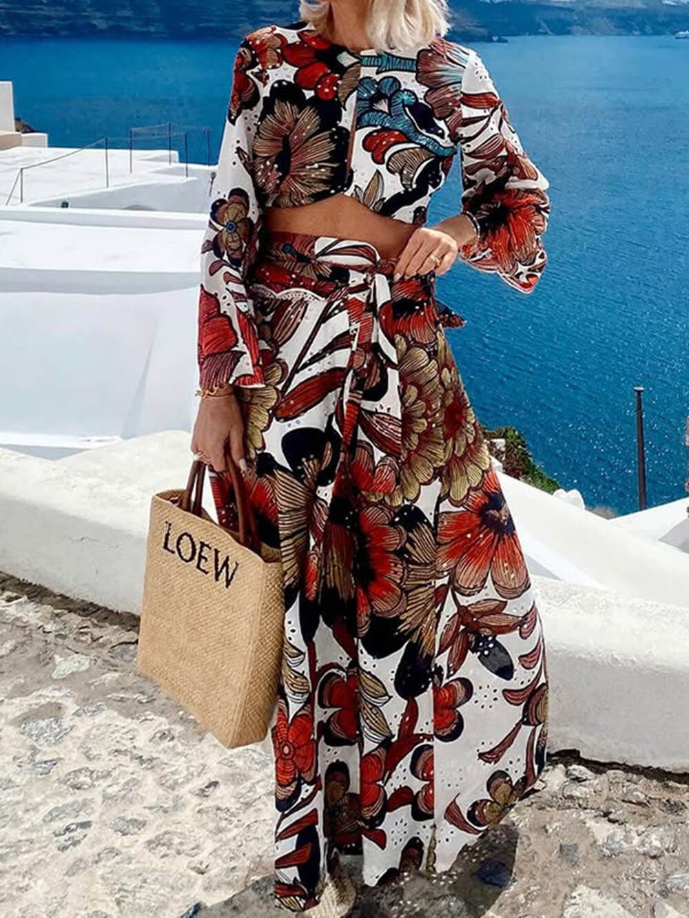 Unique Colorful Print Navel-Baring Lace-Up Maxi Dress Multicolors
