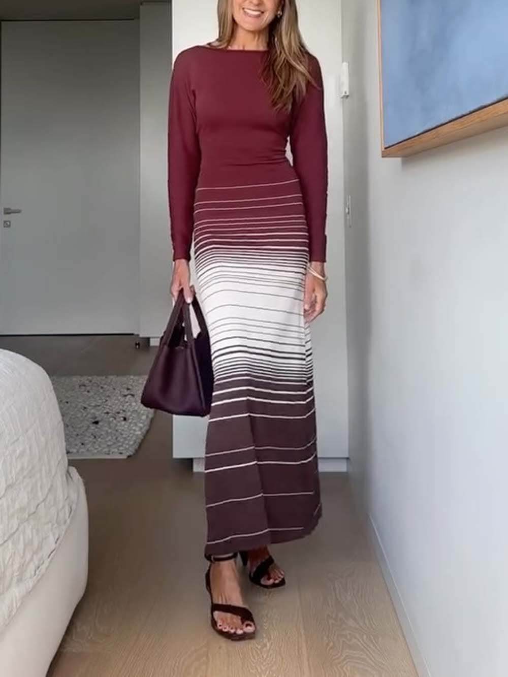 Casual Twist-Back Striped Print Maxi Dress Burgundy