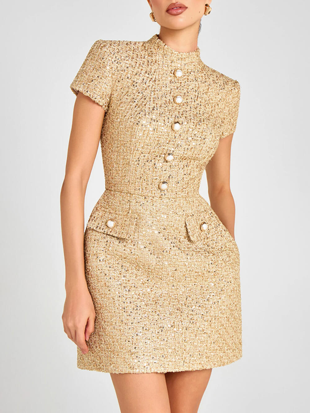 Elegant Stand Collar Button Detail Short-Sleeve Party Mini Dress Khaki