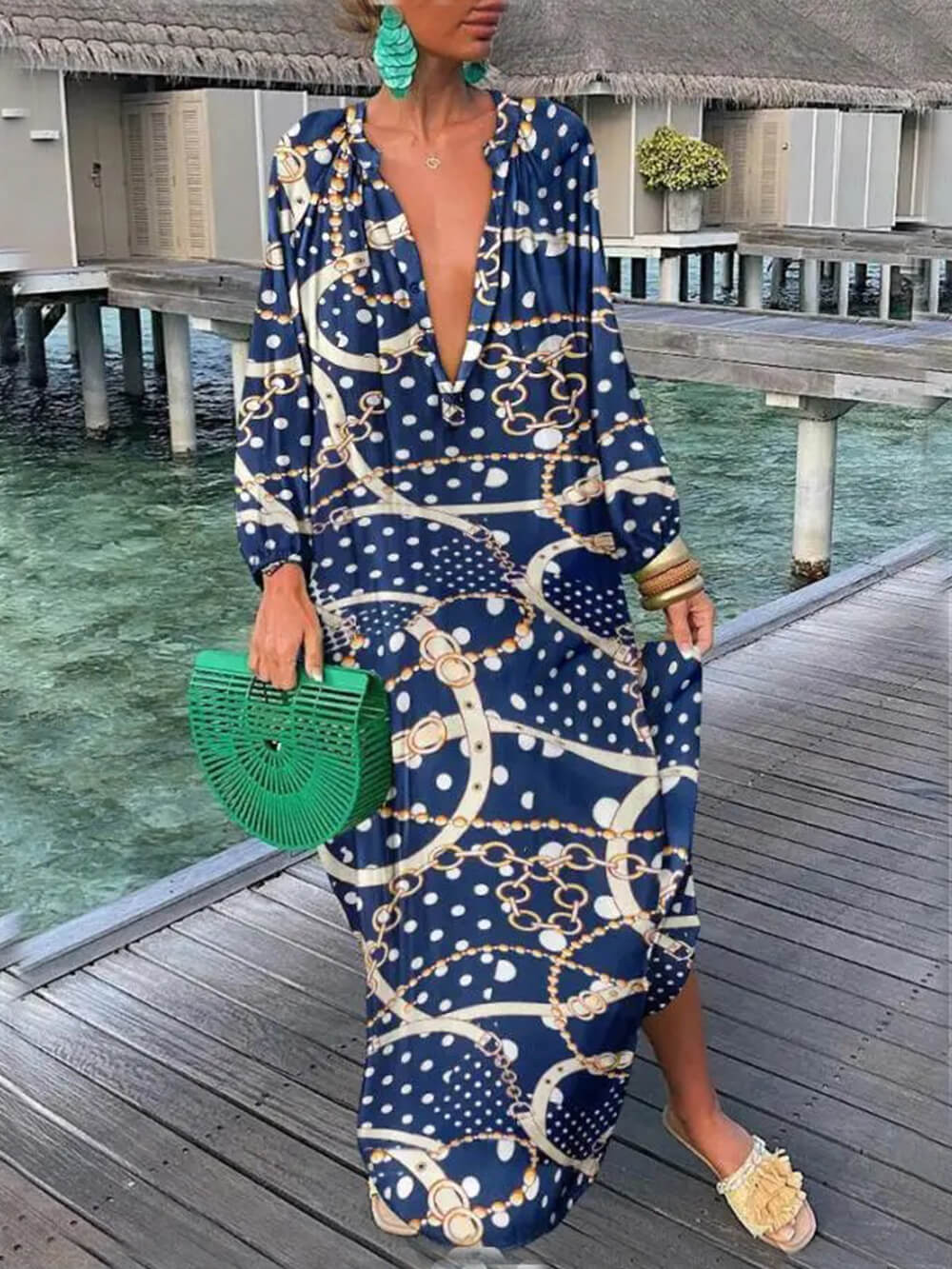 Bohemian V-Neck Printed Maxi Dress Dark Blue