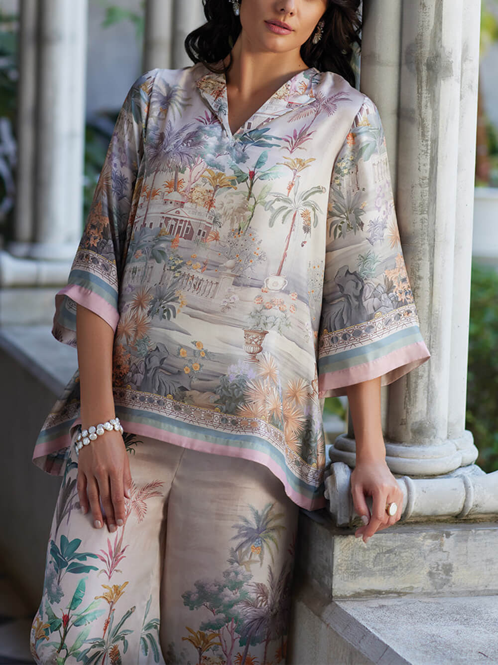 Playful And Elegant Digital Print Flared Sleeve Loose Oversized Shirt Multicolor