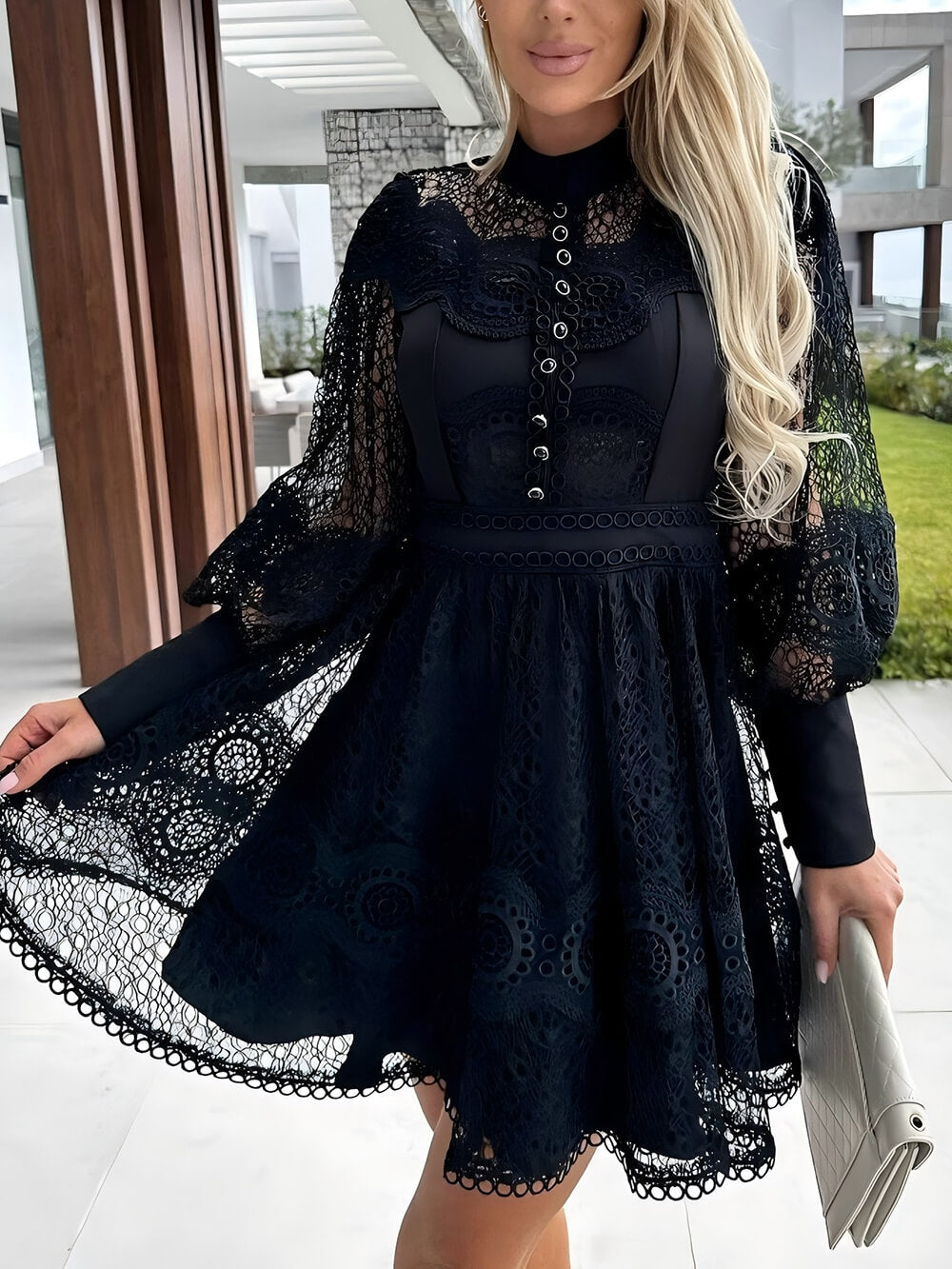 Elegant Lace-Trim Long Sleeve Mini Dress Black