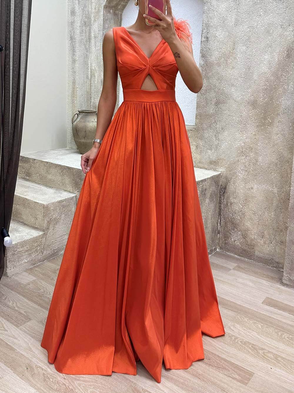 Exquisite Fashionable Waist Detail Feathered Evening Dress Orange