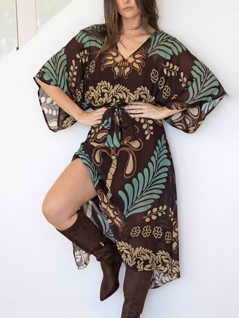Bohemian Print Loose-fitting Slit Maxi Dress Multicolor