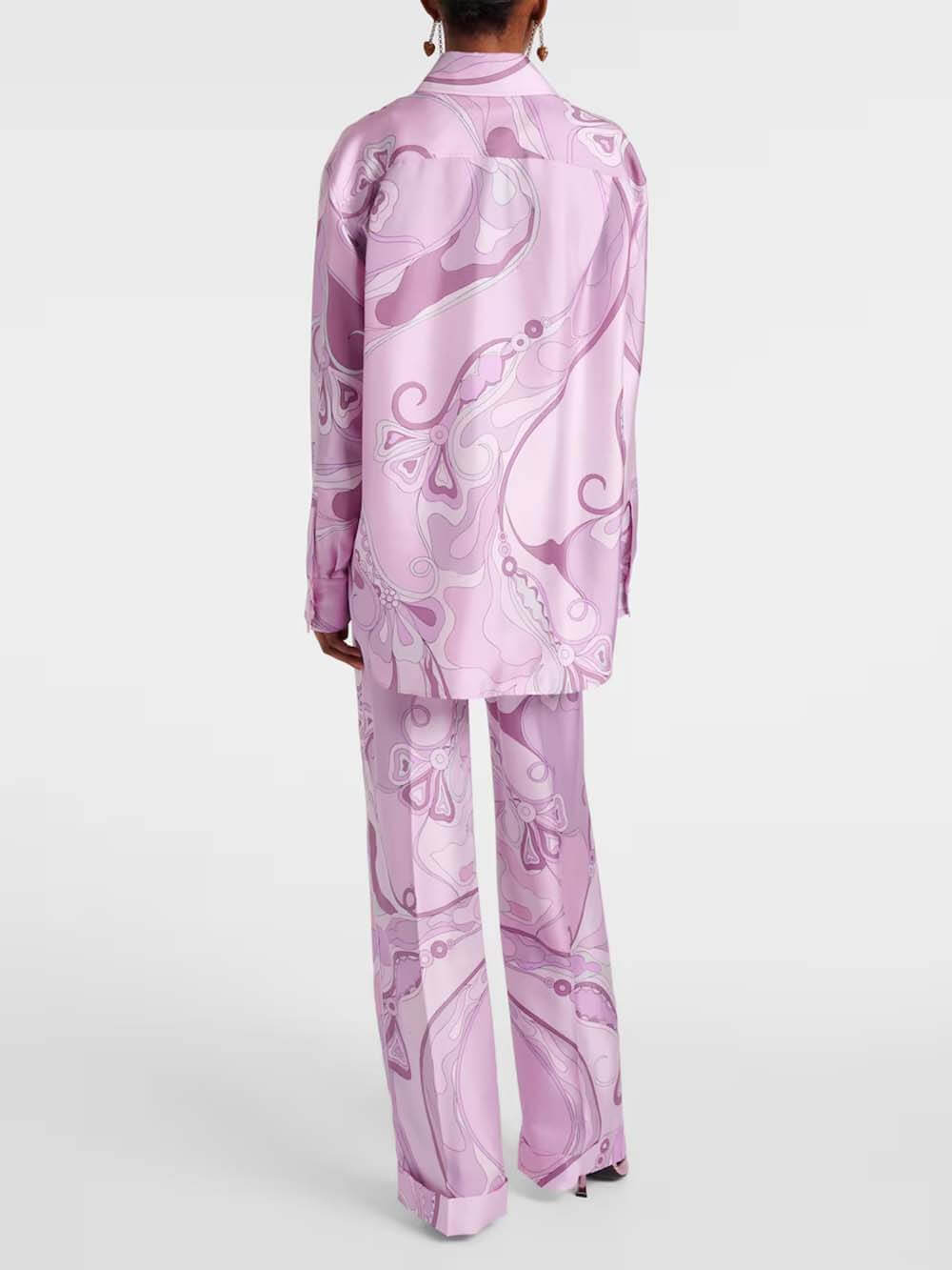 Exquisite Orchid Print Satin Twill Button-Down Oversized Shirt