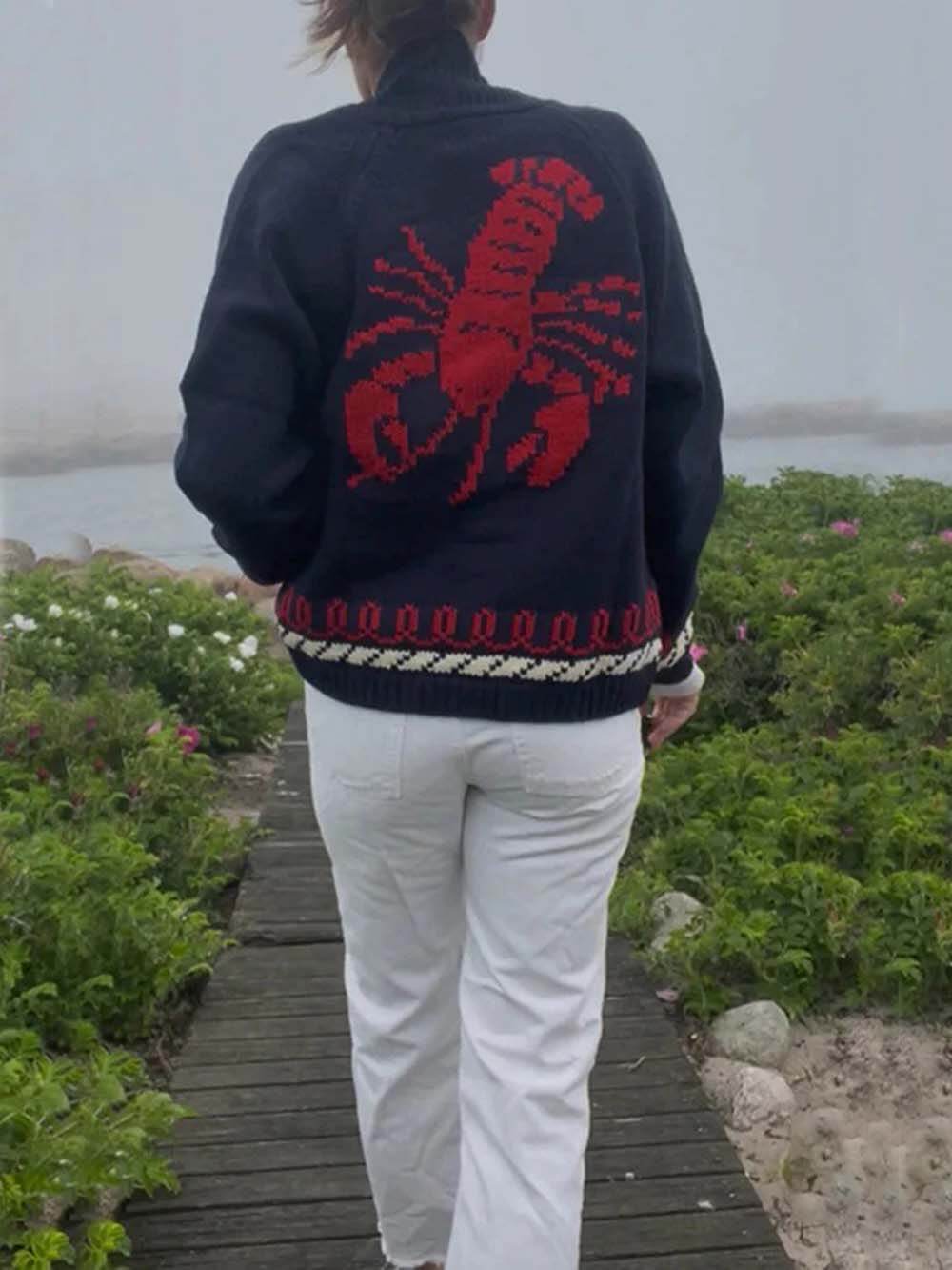 Unique Fashion Lobster Print Casual Long Sleeve Knit Cardigan Dark Blue