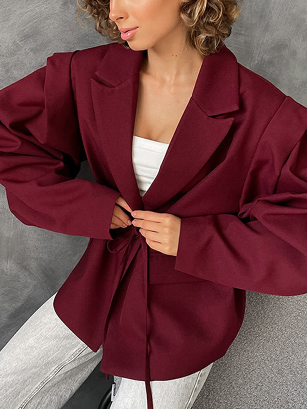 Fashion Collared Belted Loose Blazer Burgundy