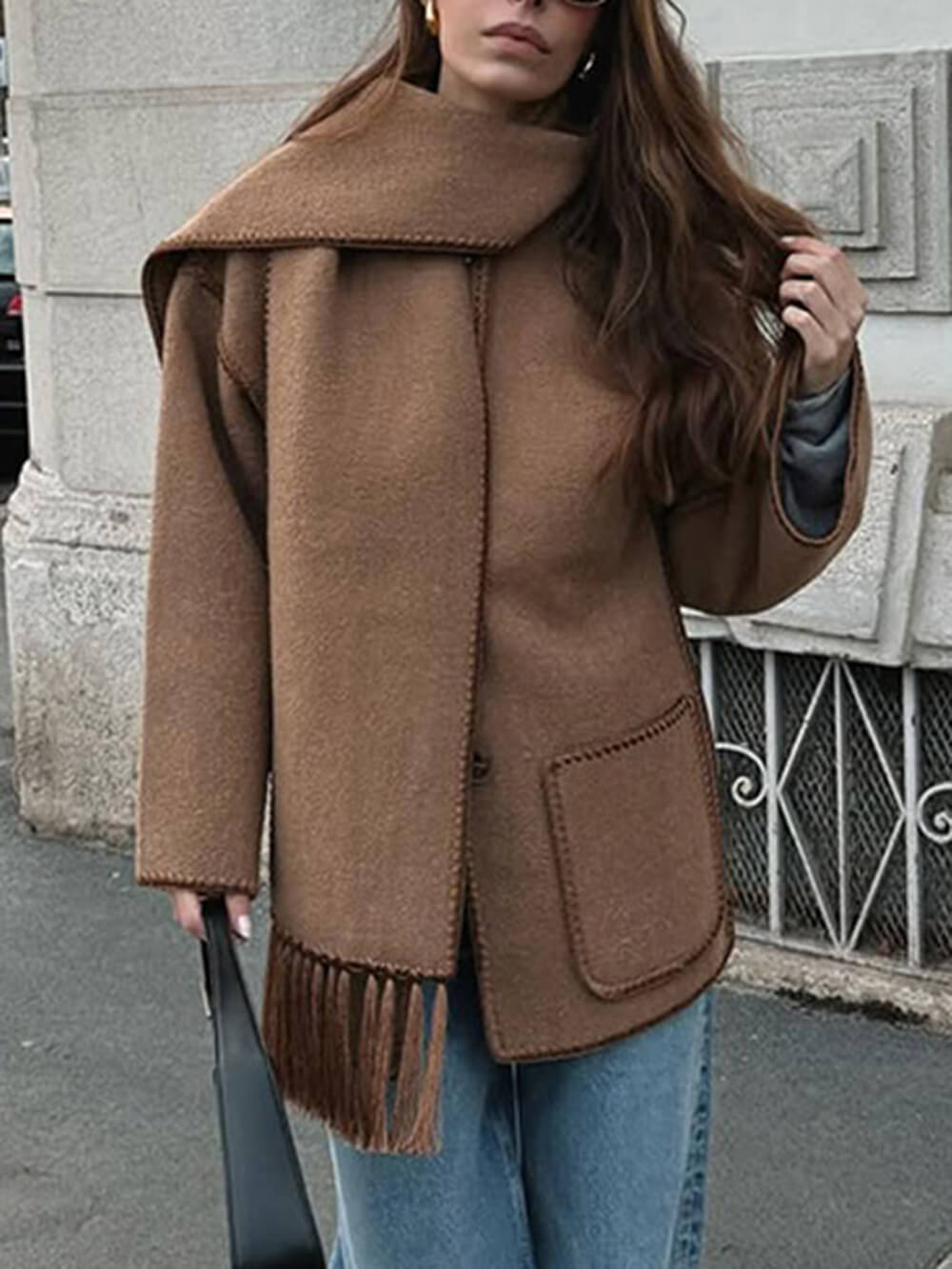 Fashion Solid Color Scarf-Neck Wool Short Coat Brown