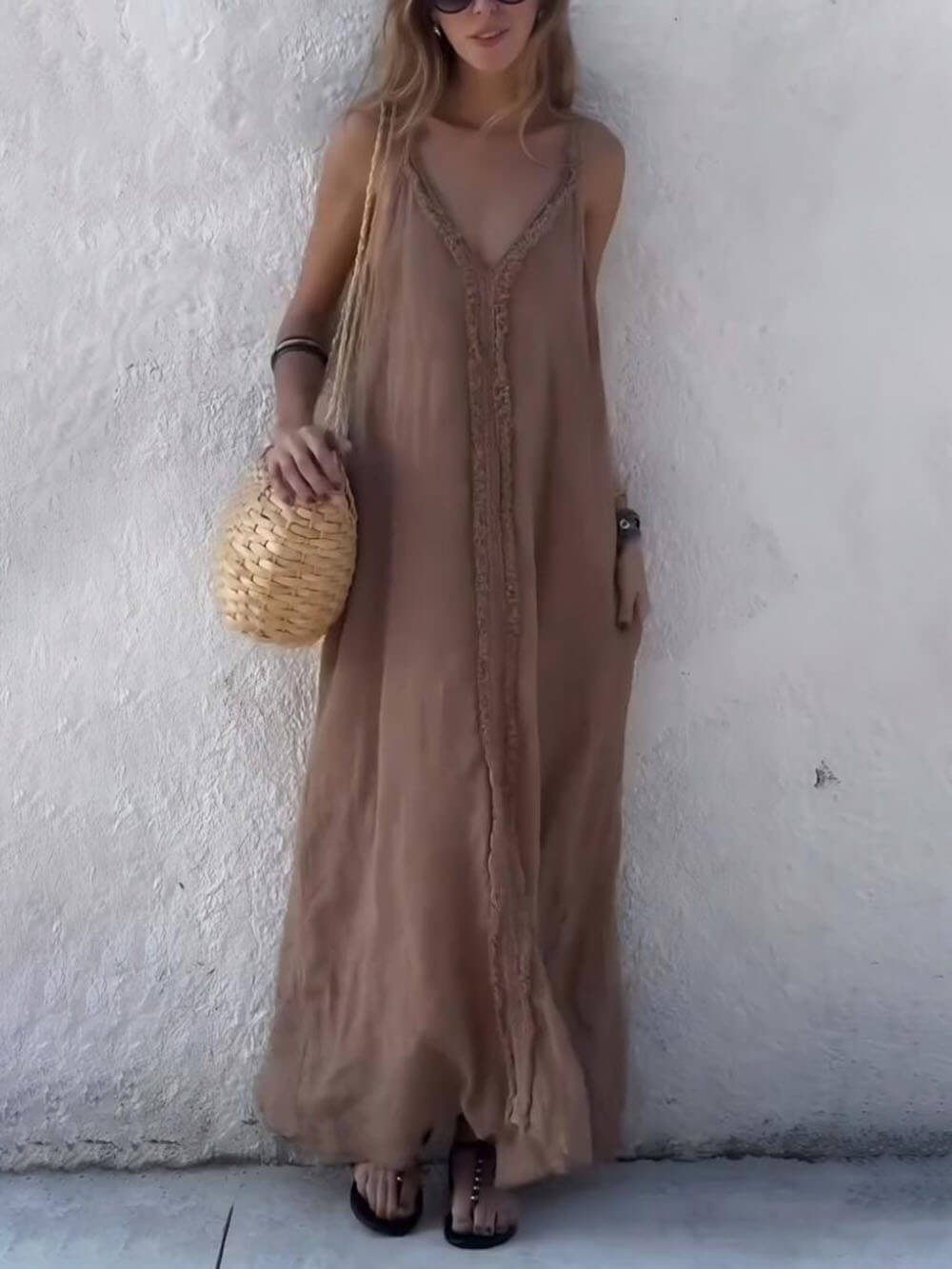 Modern Unique Lace Decoration V-Neck Suspender Maxi Dress Khaki