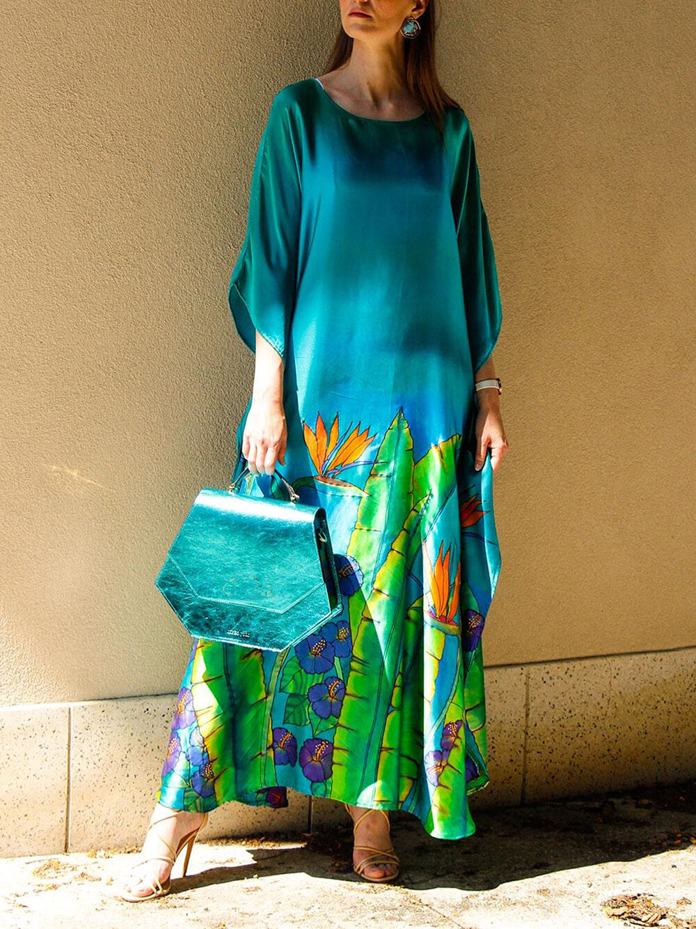 Bohemian Floral Print Satin Maxi Dress Green