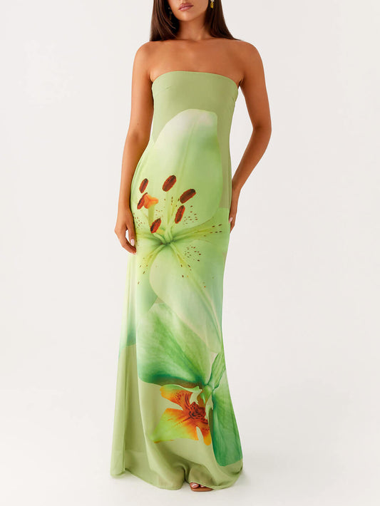 Elegant Satin Unique Floral Print Off Shoulder Maxi Dress