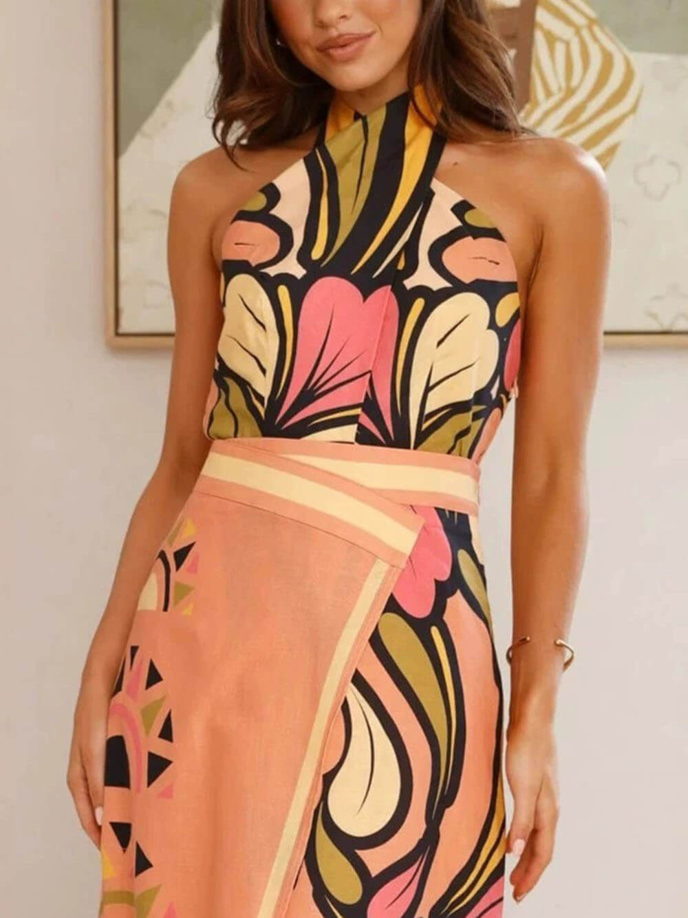 Unique Floral Print Twisted Halter Neck Tie Backless Vest Top Multicolor