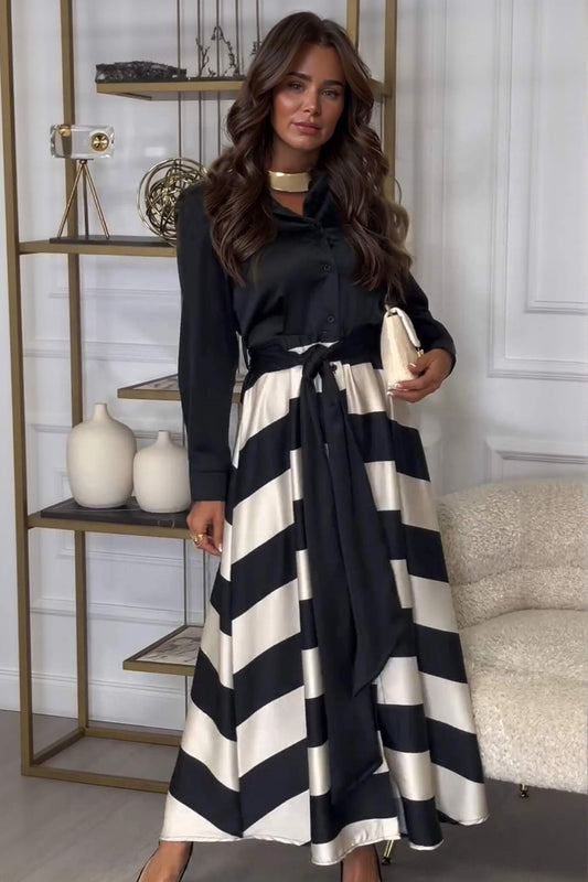 Exquisite Black Striped Print Patchwork Collared Maxi Dress