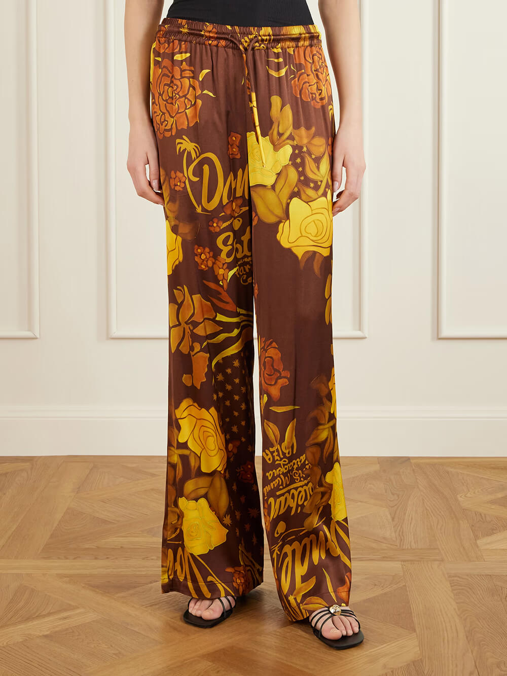 Unique Printed Satin Elastic Waist Pocket Wide-Leg Pants