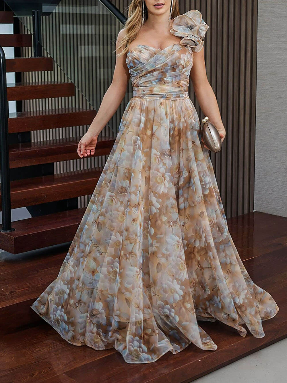 Elegant Romantic Ball Chiffon Floral One-shoulder Pleated Design Back Lace-up Gown Maxi Dress Camel