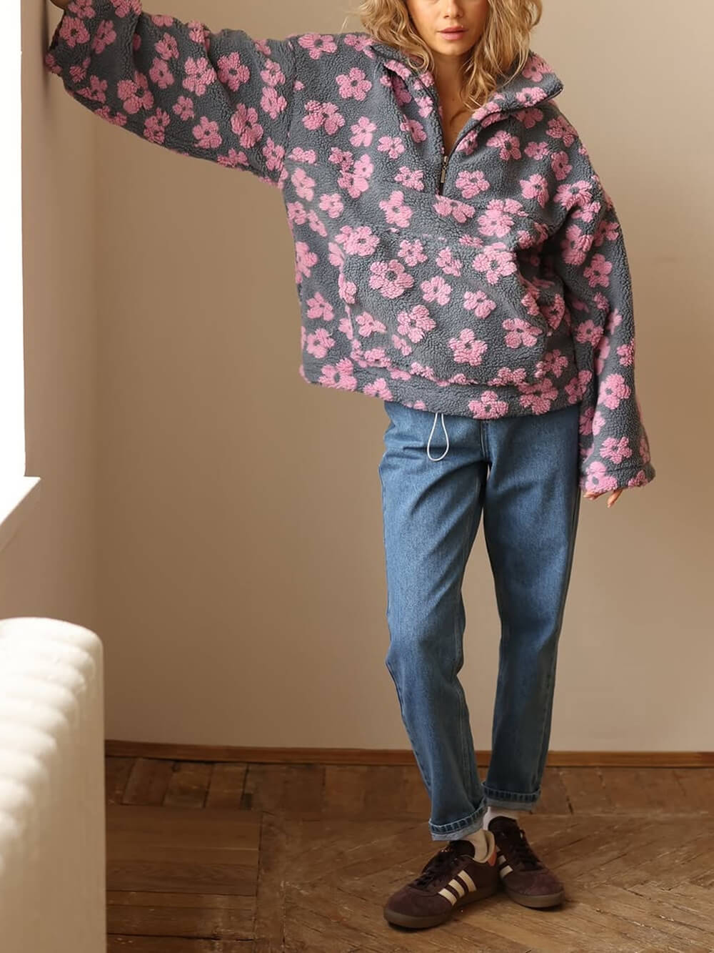Fashion Printed Faux Shearling Zip-Up Sweatshirt Pink