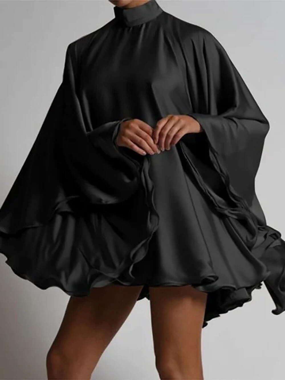 Elegant High-Neck Backless Bell-Sleeve Mini Dress Black