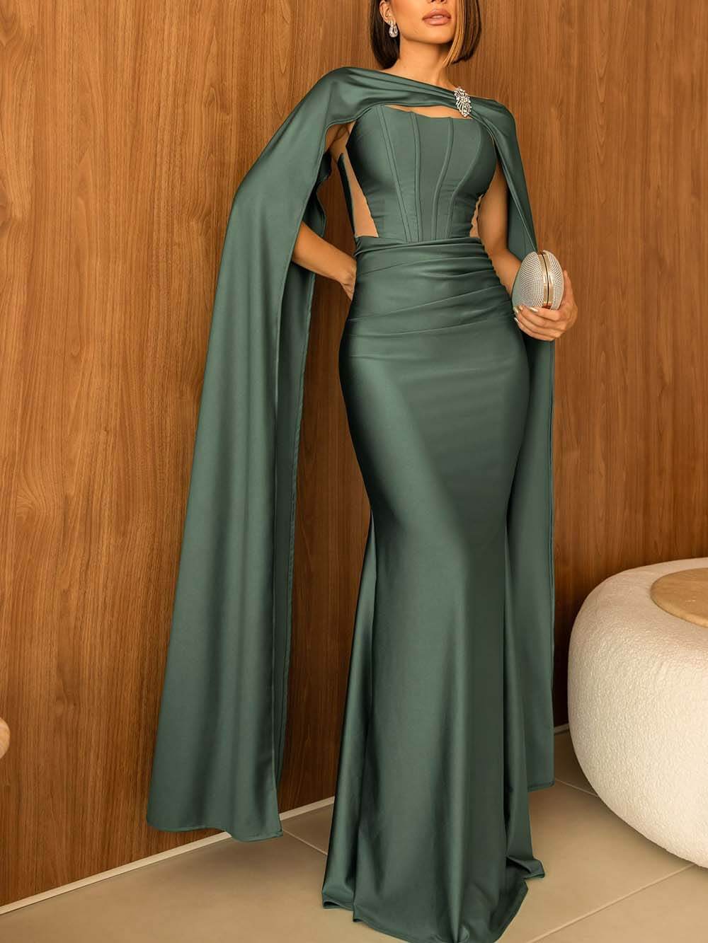 Elegant Strapless Cape Evening Maxi Dress Green