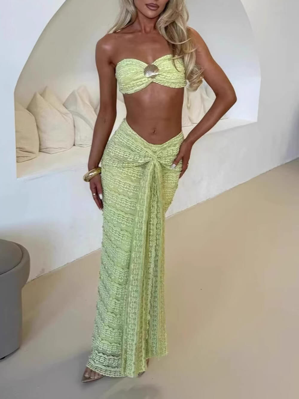 Elegant Strapless Shell-Embellished Top & Ruched Skirt Set Green