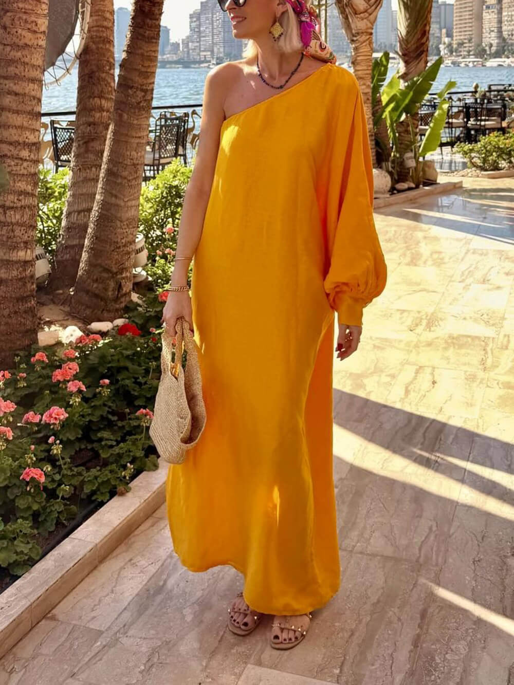 Boho One-Shoulder Slit Vacation Maxi Dress Orange