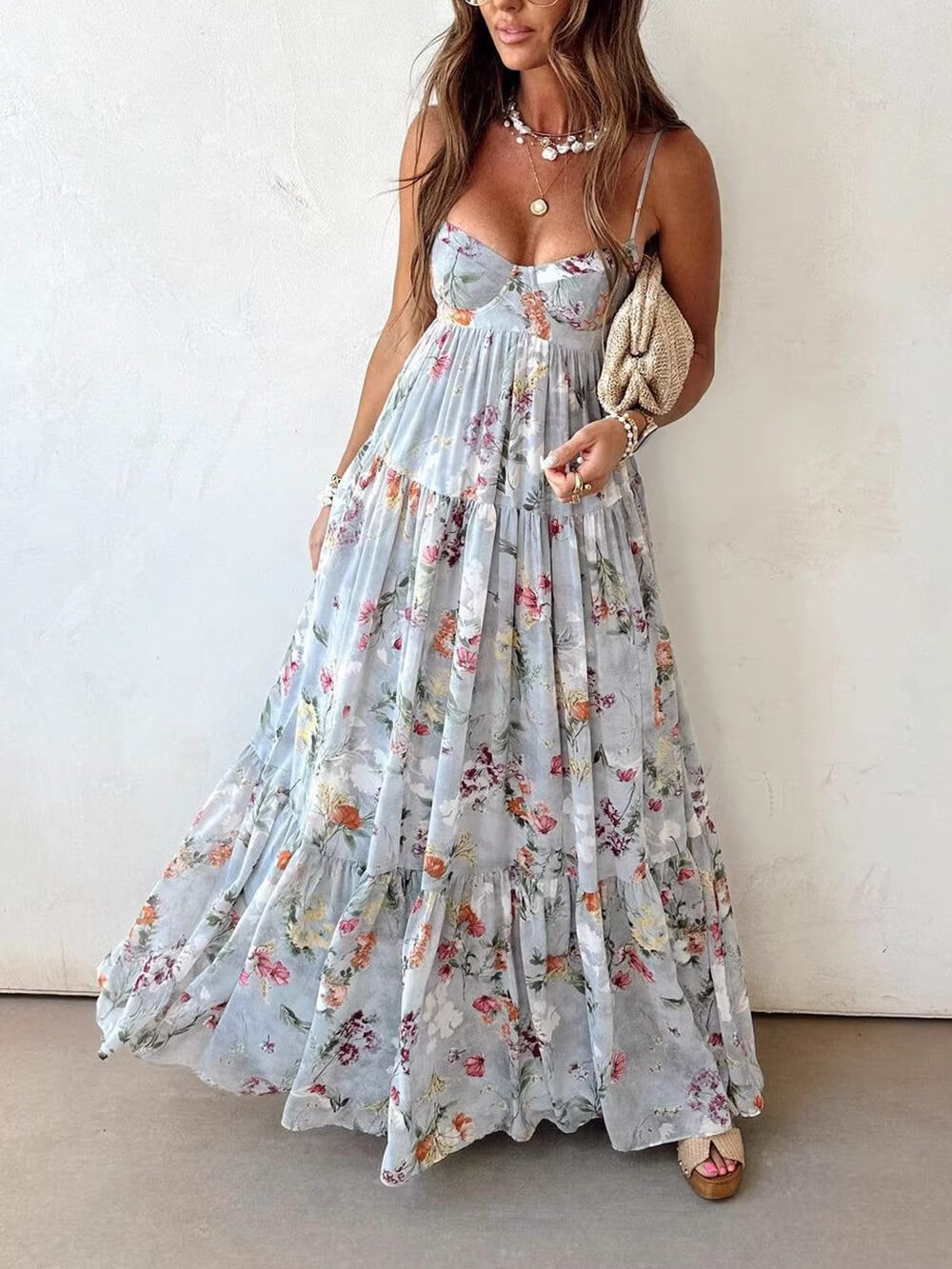 Bohemian Floral Print Spaghetti Strap Flowy Maxi Dress