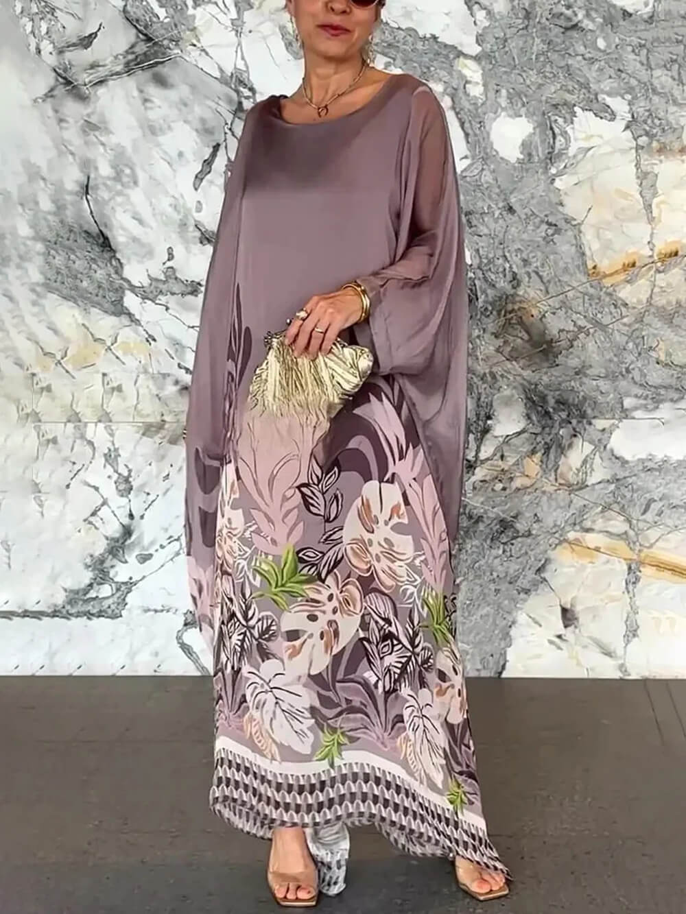 Vacation Plant Print Batwing Sleeve Kaftan Oversized Maxi Dress Mauve
