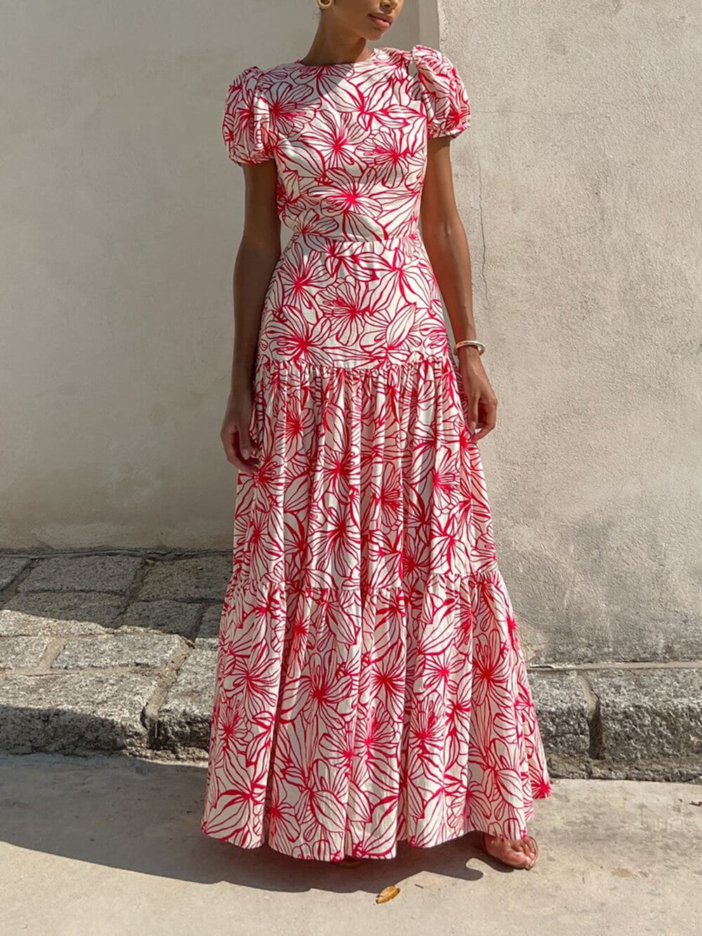 Beautiful Floral Print Cutout Open Back Pleated Maxi Dress Pink