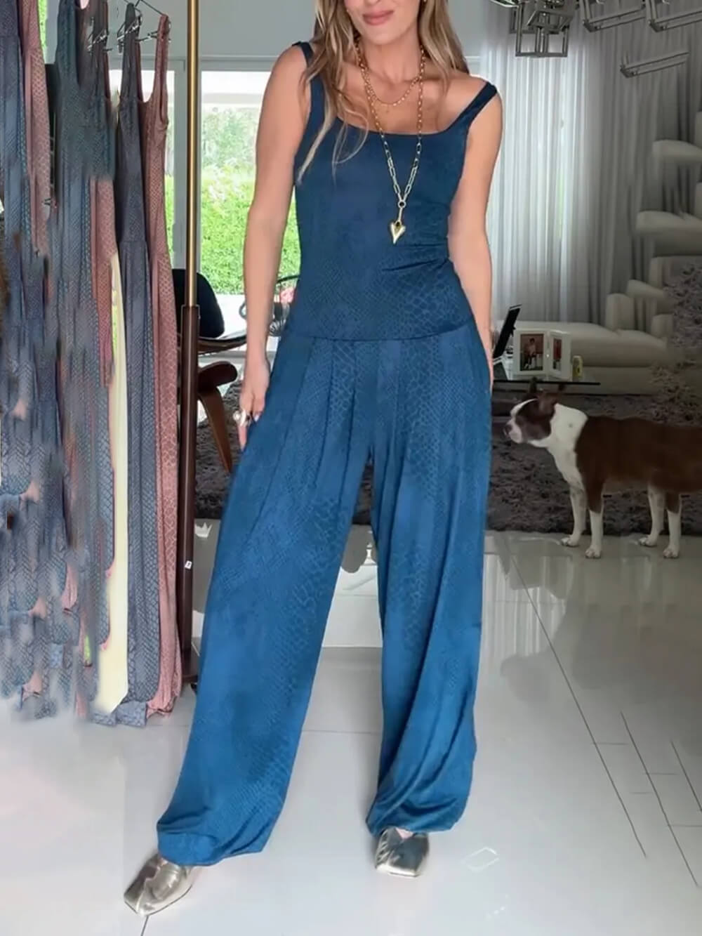 Casual Blue Suspender Printed Jumpsuit Blue