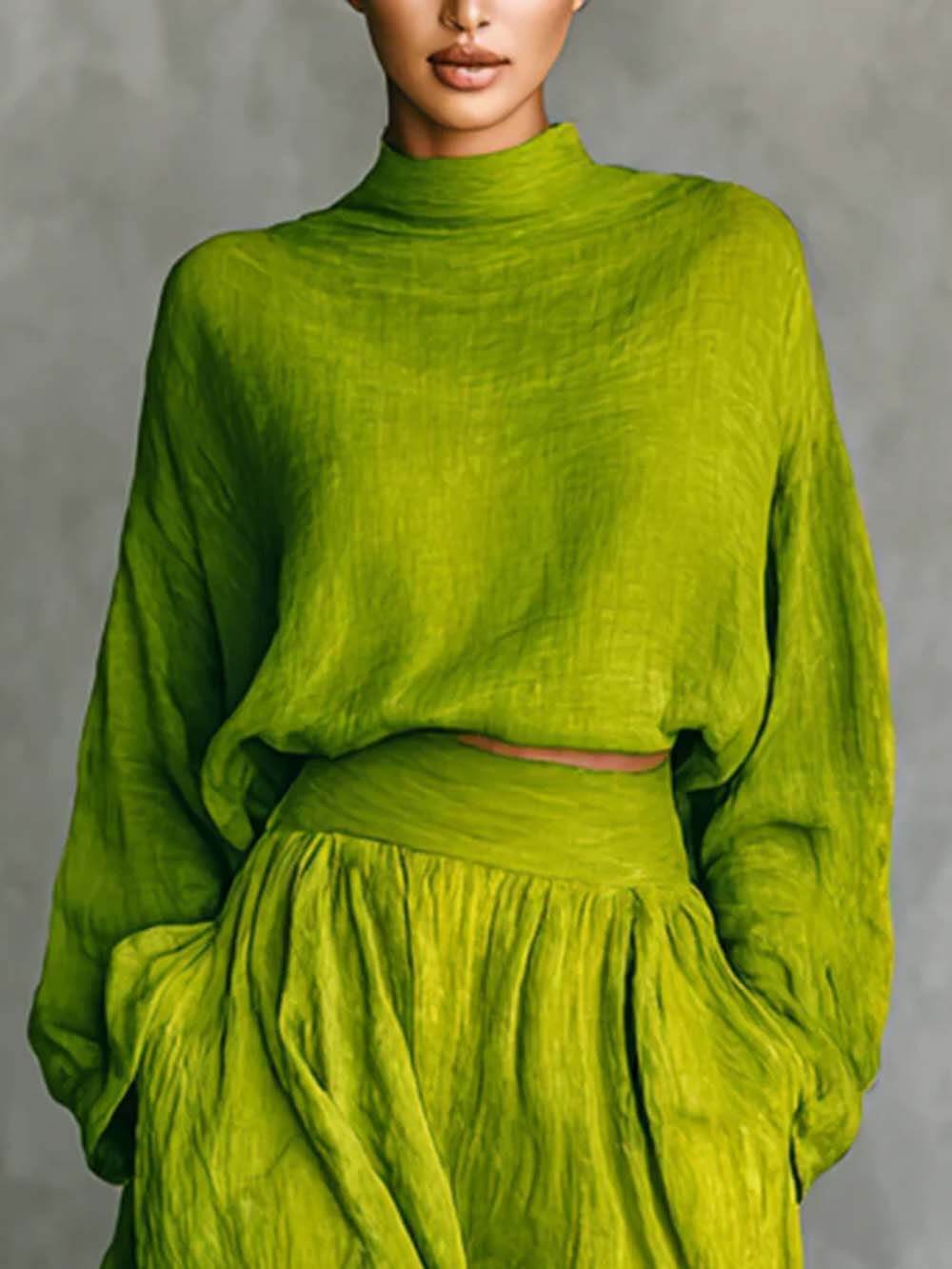 Casual Green Turtleneck Loose-Fit Top Green