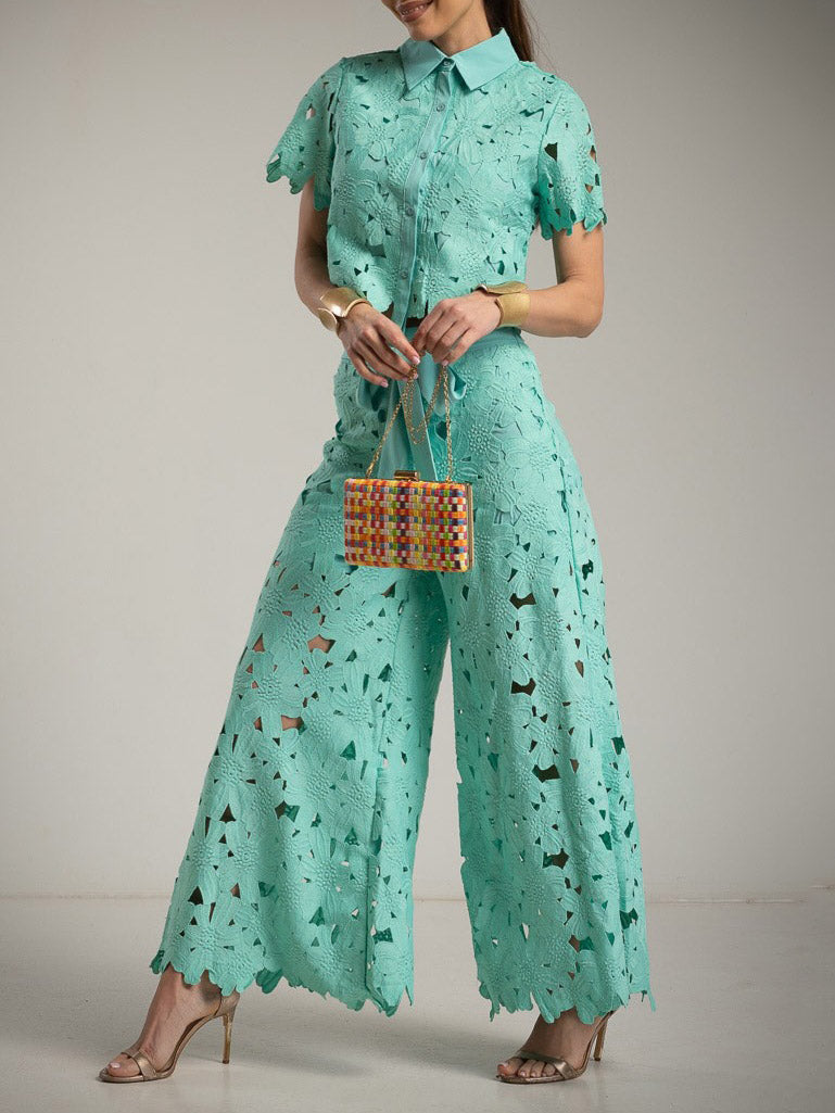 Casual Cutout Lace Shirt & Wide-Leg Pants Two-Piece Set Green Set