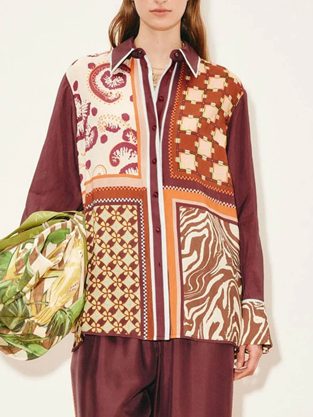 Unique Paisley Color-Block Satin Shirt Multicolor