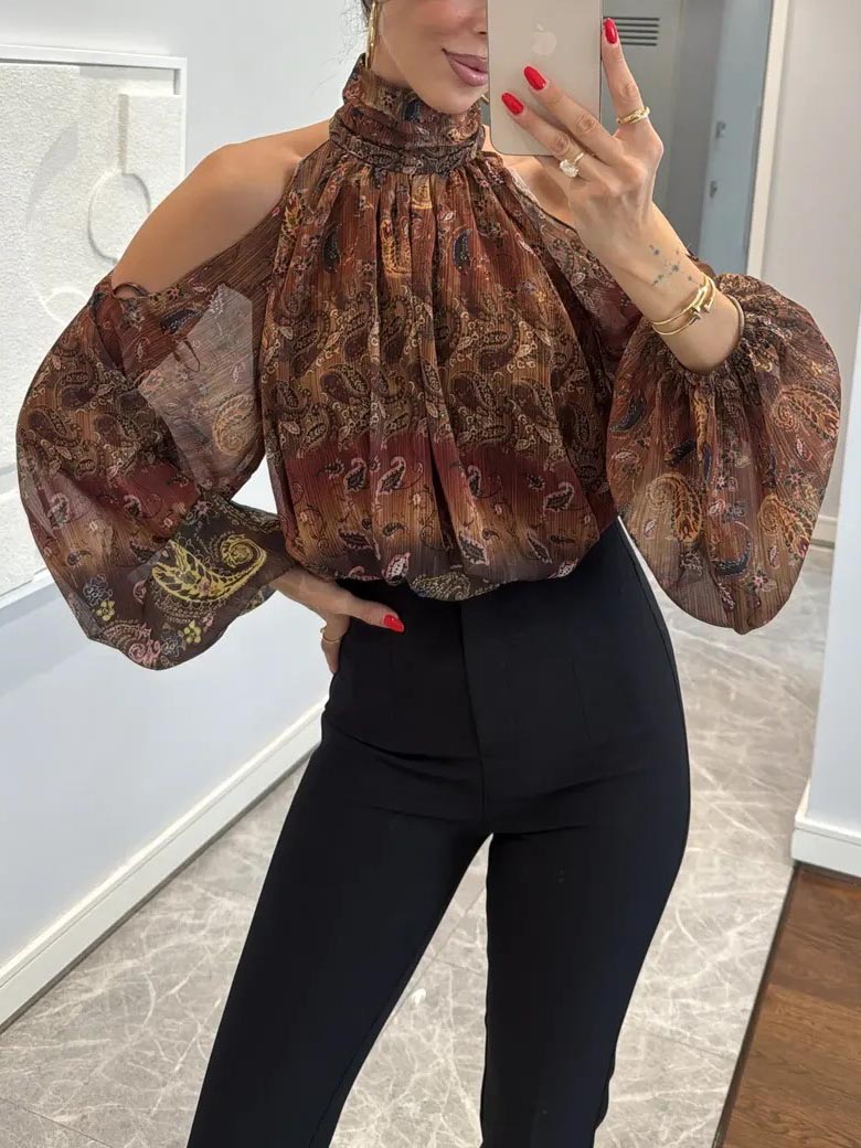 Retro Paisley-print Chiffon Off-the-shoulder Shirt Brown