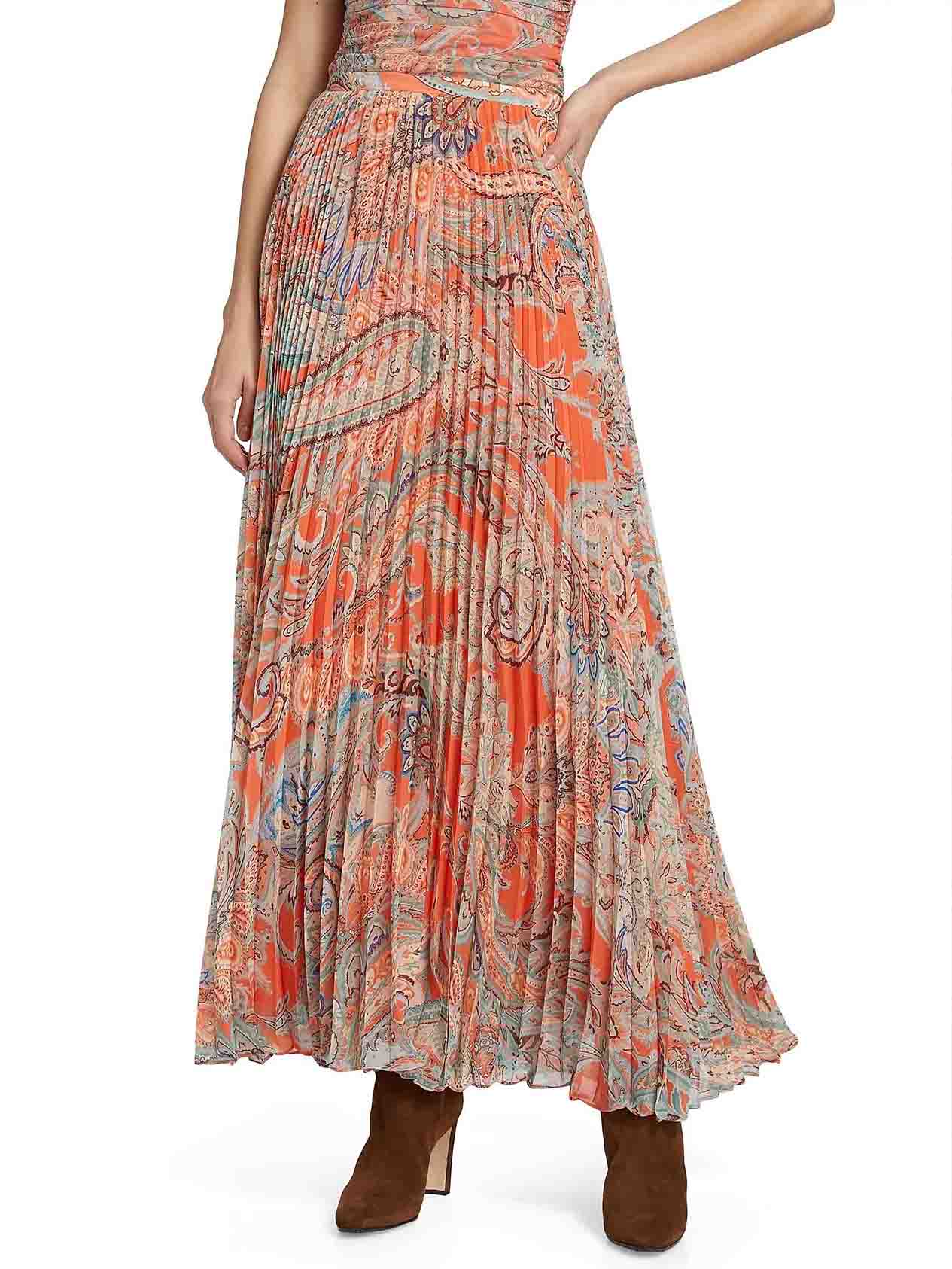 Exquisite Paisley Print Pleated Chiffon Skirt Orange