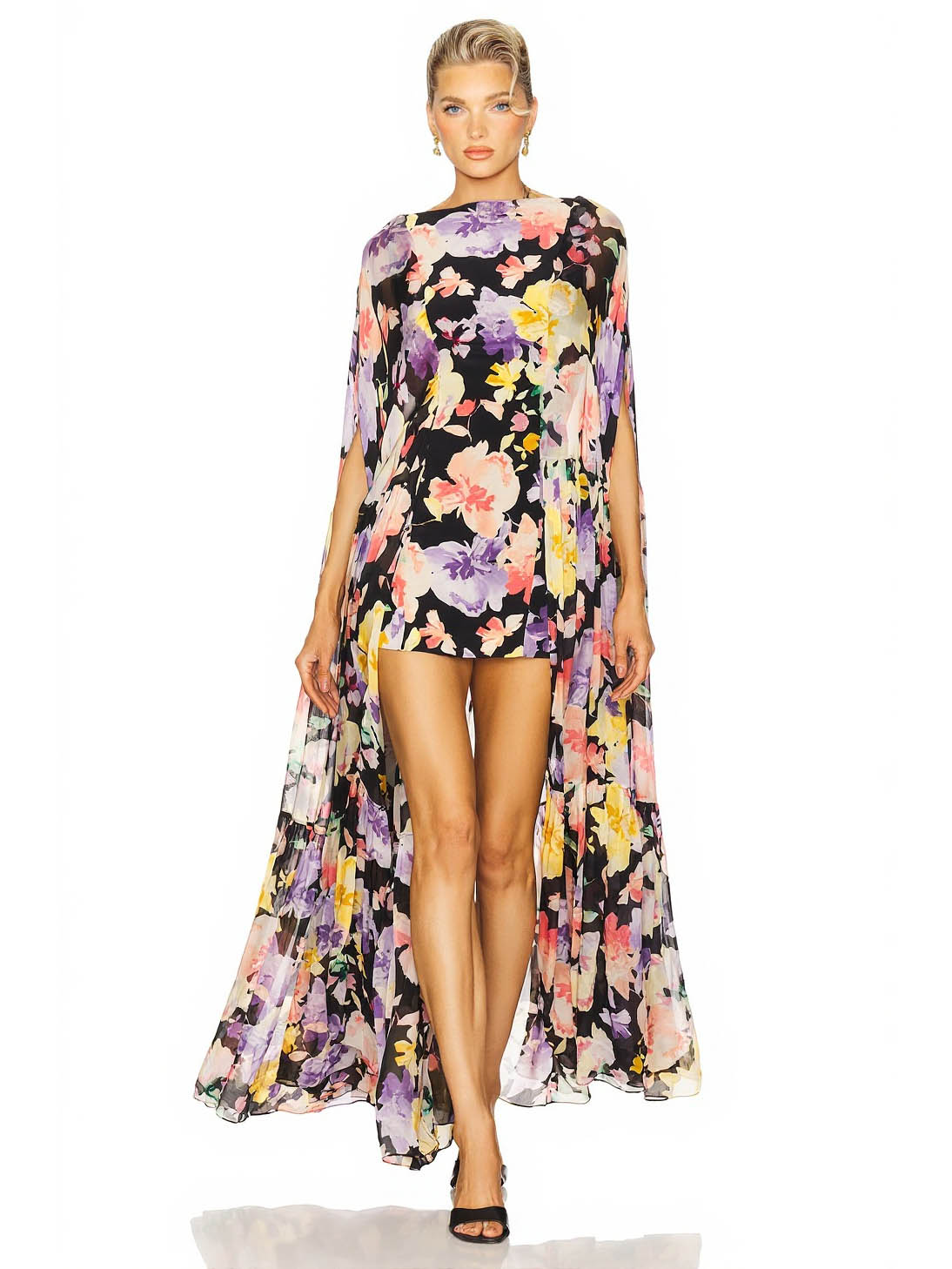 Elegant Floral Print Sheer Cape High-Low Mini Dress Multi